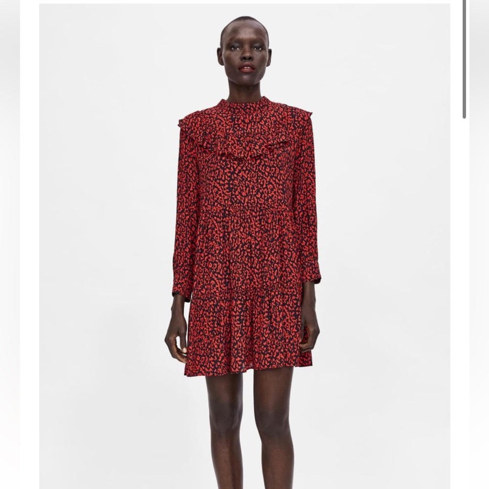Zara Red and Black Printed Ruffle-Trim Mini Dress